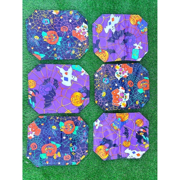 Other - Vintage Halloween Placemats Set of 6 Reversible Purple Black Witch Ghost Boo